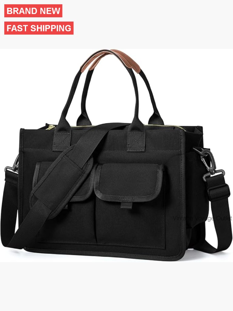 Canvas Tote Bag With Zipper Laptop Compartment Adjustable Shoulder Strap